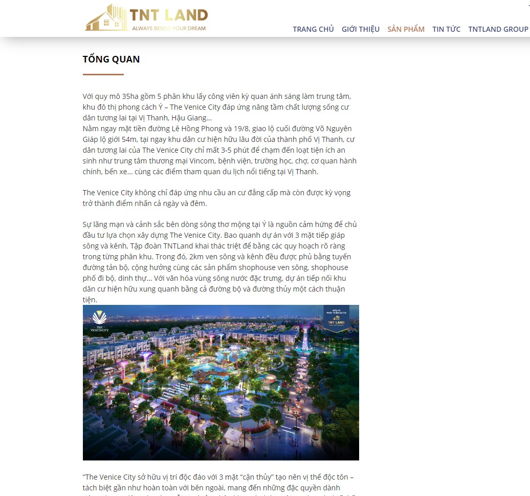 The Venice City được giới thiệu hoành tráng trên trang chủ của TNT Land.  