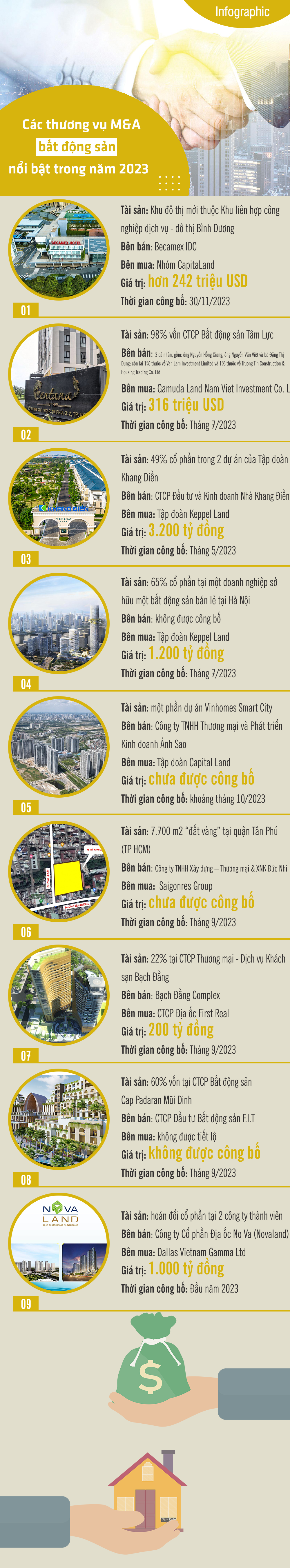 [Infographic] Nhìn lại các thương vụ M&A bất động sản nổi bật trong năm 2023 - Ảnh 1