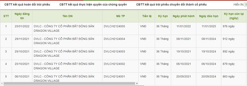 Các đợt phát hành trái phiếu của Dragon Village (Nguồn: HNX). Các đợt phát hành trái phiếu của Dragon Village (Nguồn: HNX). 