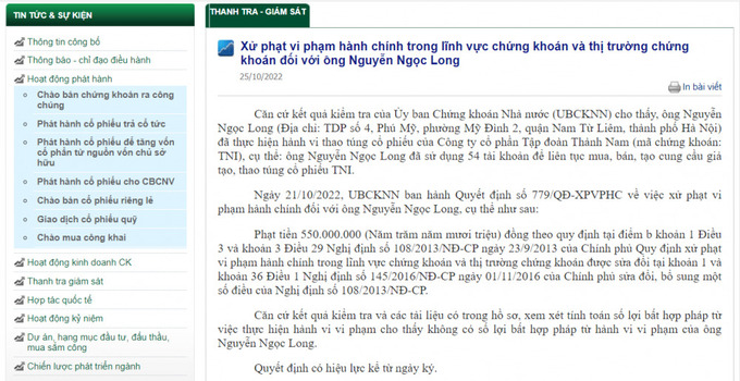 Một nhà đâu tư bị phạt 550 triệu đồng vì thao túng cổ phiếu TNI - Ảnh 1 Một nhà đâu tư bị phạt 550 triệu đồng vì thao túng cổ phiếu TNI - Ảnh 1