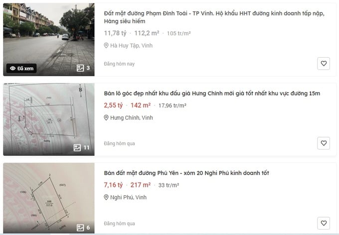 Giá đất tại thành phố Vinh. Ảnh: Batdongsan.com.vn Giá đất tại thành phố Vinh. Ảnh: Batdongsan.com.vn