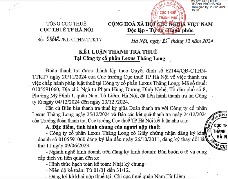 Kết luận thanh tra thuế tại Công ty cổ phần Lexus Thăng Long Kết luận thanh tra thuế tại Công ty cổ phần Lexus Thăng Long