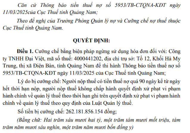 Công ty TNHH Đại Việt bị cưỡng chế ngừng sử dụng hóa đơn do nợ thuế - Ảnh 1 Công ty TNHH Đại Việt bị cưỡng chế ngừng sử dụng hóa đơn do nợ thuế - Ảnh 1