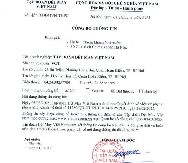 Vinatex công bố thông tin về việc bị Cục thuế TP Hà Nội xử phạt. Vinatex công bố thông tin về việc bị Cục thuế TP Hà Nội xử phạt.