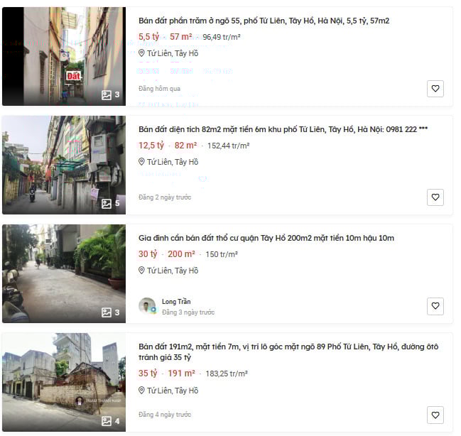 Giá đất nền tại phường Tứ Liên, quận Tây Hồ Giá đất nền tại phường Tứ Liên, quận Tây Hồ