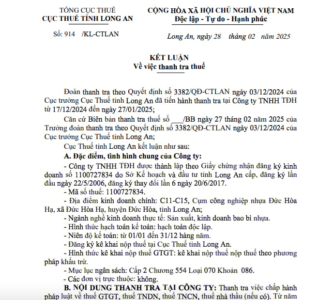 Kết luận thanh tra thuế tại Công ty TNHH TĐH Kết luận thanh tra thuế tại Công ty TNHH TĐH 