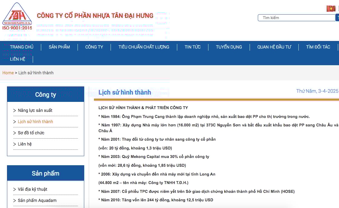 Lịch sử hình thành Công ty cổ phần Nhựa Tân Đại Hưng từ năm 1984. Ảnh chụp màn hình Lịch sử hình thành Công ty cổ phần Nhựa Tân Đại Hưng từ năm 1984. Ảnh chụp màn hình 