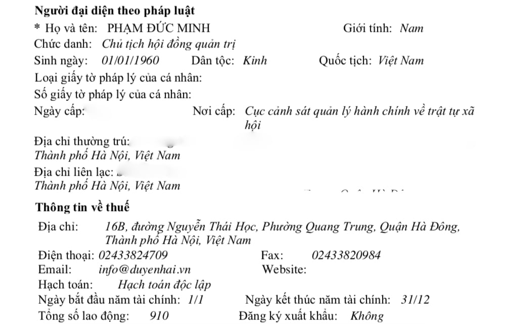 Người đại diện theo pháp luật của công ty là Phạm Đức Minh, chức vụ Chủ tịch HĐQT. Người đại diện theo pháp luật của công ty là Phạm Đức Minh, chức vụ Chủ tịch HĐQT.