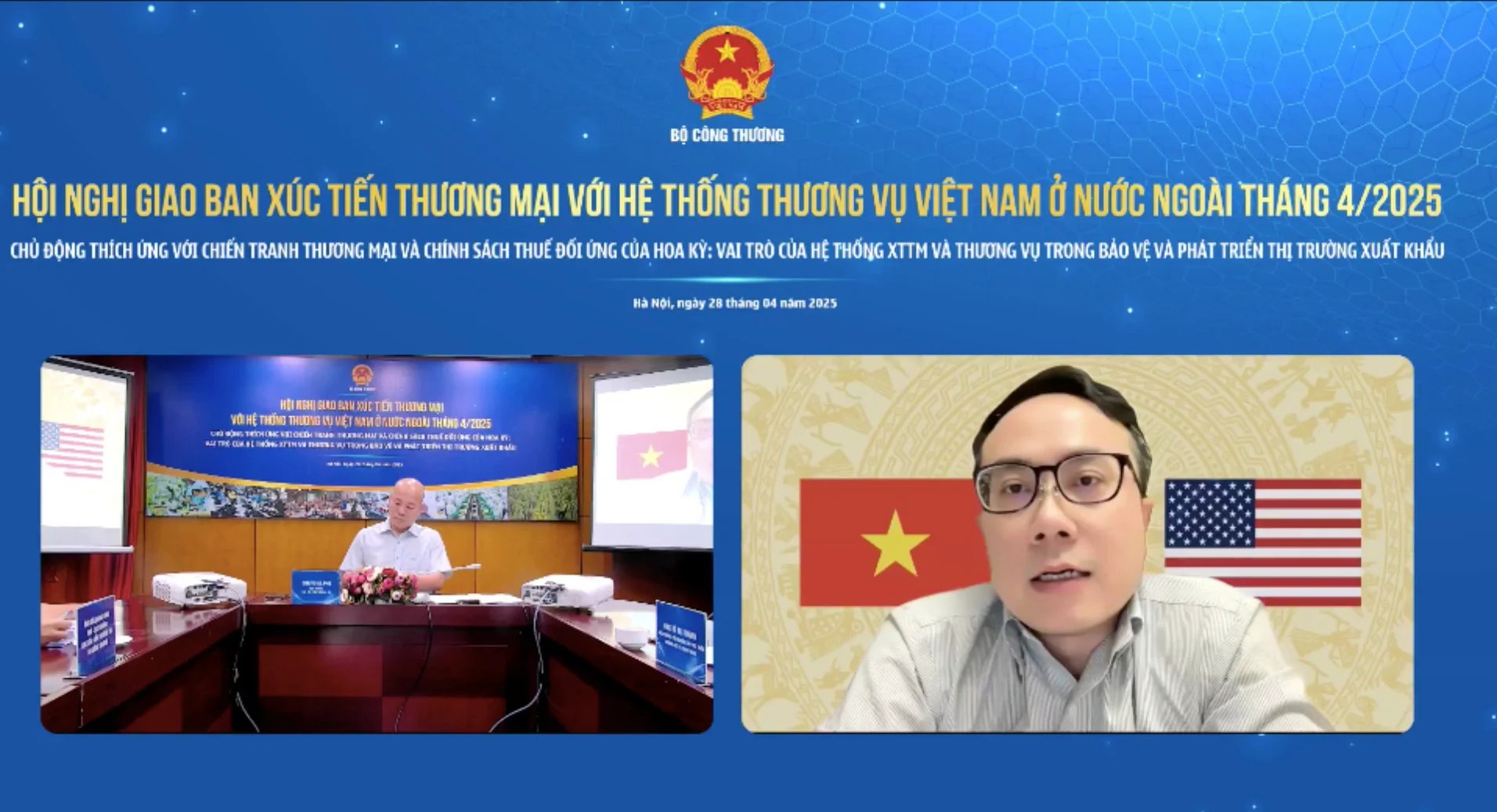 Thông tin từ Hội nghị giao ban xúc tiến thương mại với hệ thống Thương vụ Việt Nam ở nước ngoài do Bộ Công Thương tổ chức chiều 28/4, đoàn trao đổi cấp kỹ thuật của Việt Nam dự kiến sẽ sang Mỹ vào ngày 1/5 để thực hiện một cuộc đàm phán thương mại song phương. Thông tin từ Hội nghị giao ban xúc tiến thương mại với hệ thống Thương vụ Việt Nam ở nước ngoài do Bộ Công Thương tổ chức chiều 28/4, đoàn trao đổi cấp kỹ thuật của Việt Nam dự kiến sẽ sang Mỹ vào ngày 1/5 để thực hiện một cuộc đàm phán thương mại song phương.