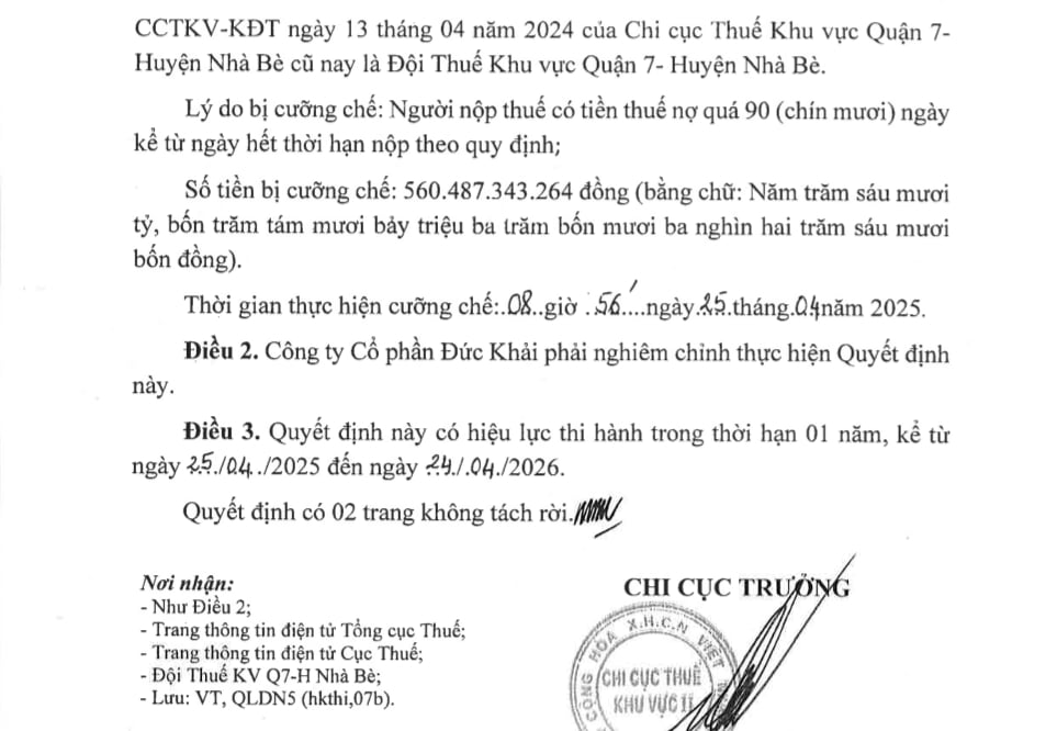 Công ty cổ phần Đức Khải nợ tiền thuế gần 561 tỷ đồng Công ty cổ phần Đức Khải nợ tiền thuế gần 561 tỷ đồng 