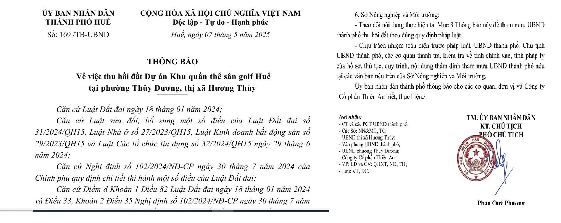 TP. Huế thông báo thu hồi đất dự án sân golf 1.800 tỷ đồng của Công ty CP Thiên An. TP. Huế thông báo thu hồi đất dự án sân golf 1.800 tỷ đồng của Công ty CP Thiên An. 