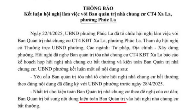 UBND phường Phúc La nhất trí cho kiện toàn BQT chung cư CT4 Xa La theo nguyện vọng của cư dân. UBND phường Phúc La nhất trí cho kiện toàn BQT chung cư CT4 Xa La theo nguyện vọng của cư dân. 