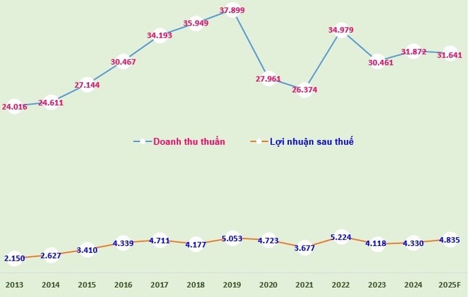 Biểu đồ: Doanh thu thuần, lợi nhuận sau thuế giai đoạn 2013-2024 và doanh thu thuần, lợi nhuận sau thuế (bao gồm lợi nhuận thuộc về lợi ích của cổ đông thiểu số) năm 2025 (đvt: tỷ đồng). Biểu đồ: Doanh thu thuần, lợi nhuận sau thuế giai đoạn 2013-2024 và doanh thu thuần, lợi nhuận sau thuế (bao gồm lợi nhuận thuộc về lợi ích của cổ đông thiểu số) năm 2025 (đvt: tỷ đồng).