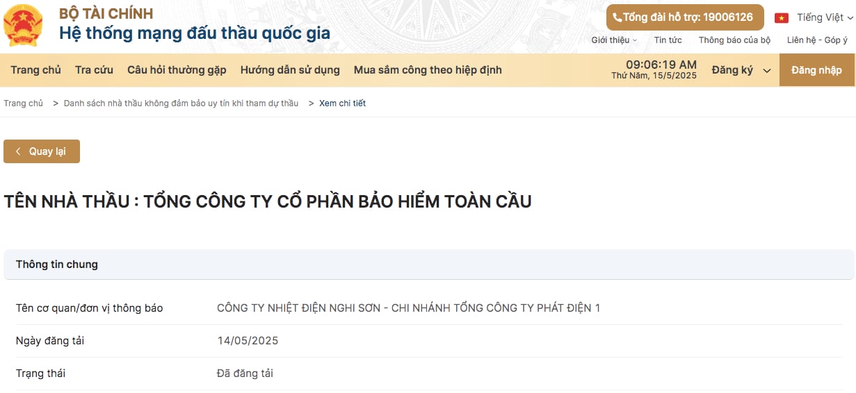 Bảo hiểm Toàn Cầu bị liệt vào danh sách nhà thầu không đủ uy tín - Ảnh 1 Bảo hiểm Toàn Cầu bị liệt vào danh sách nhà thầu không đủ uy tín - Ảnh 1