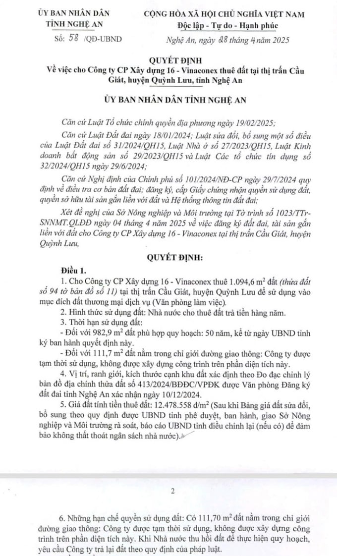 Quyết định cho Công ty Cổ phần Xây dựng 16-Vinaconex thuê đất tại thị trấn Cầu Giát, huyện Quỳnh Lưu. Quyết định cho Công ty Cổ phần Xây dựng 16-Vinaconex thuê đất tại thị trấn Cầu Giát, huyện Quỳnh Lưu.