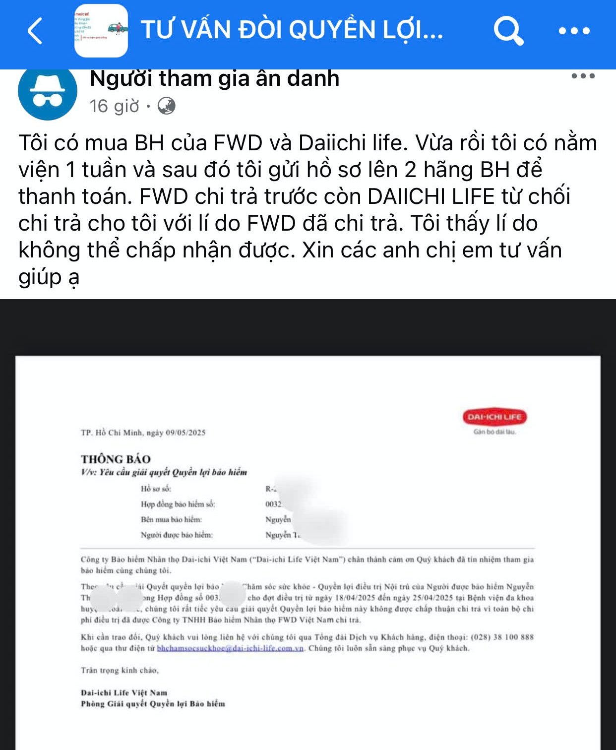Thành viên của Cộng đồng bảo hiểm thắc mắc về chi trả bồi thường của bảo hiểm FWD và Dai -ichi Thành viên của Cộng đồng bảo hiểm thắc mắc về chi trả bồi thường của bảo hiểm FWD và Dai -ichi