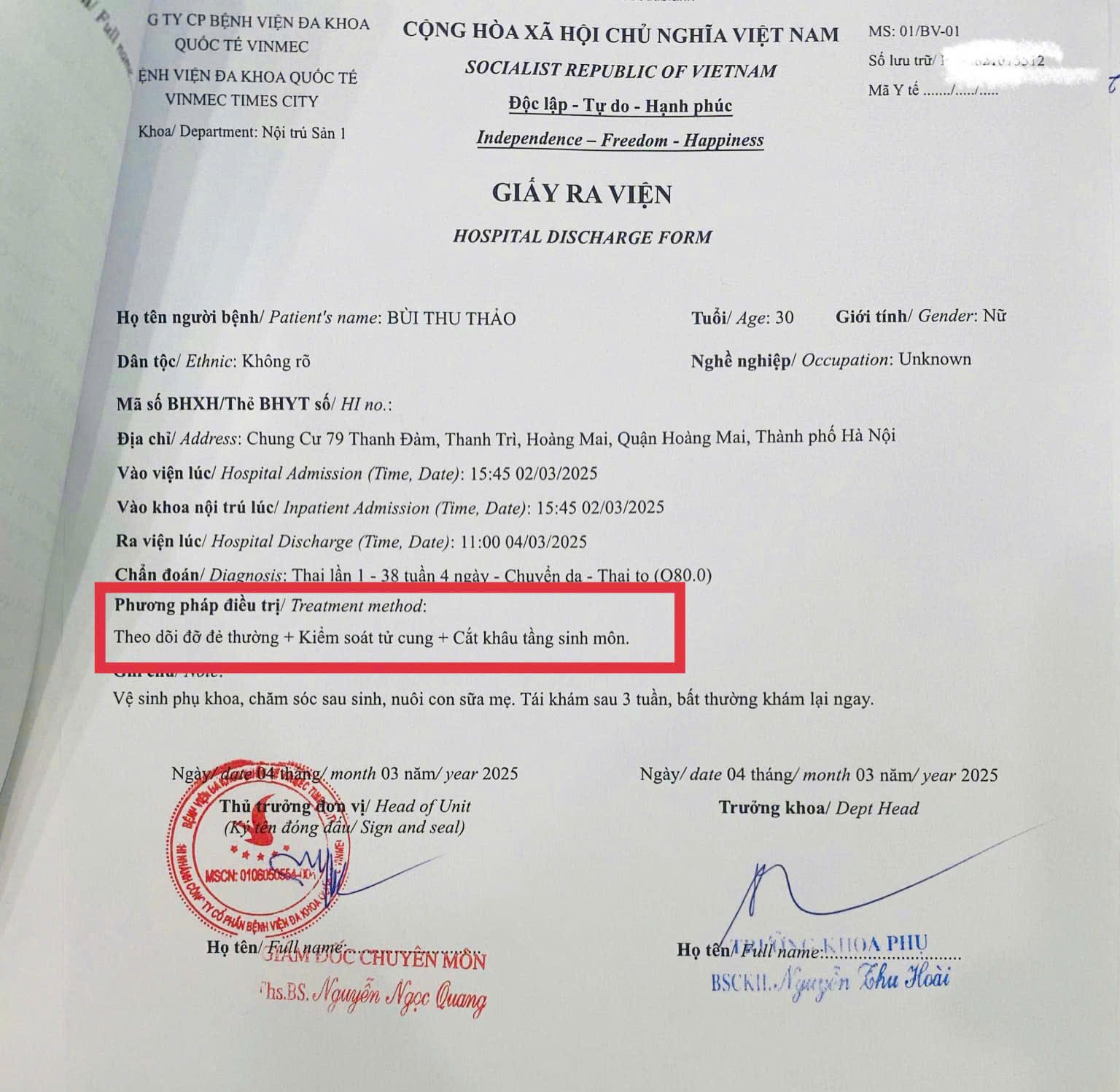 Giấy ra viện của chị Thảo ghi rõ: Đẻ thường + Cắt khâu tầng sinh môn, thoả điều kiện của hợp đồng bảo hiểm. Ảnh: NVCC Giấy ra viện của chị Thảo ghi rõ: Đẻ thường + Cắt khâu tầng sinh môn, thoả điều kiện của hợp đồng bảo hiểm. Ảnh: NVCC