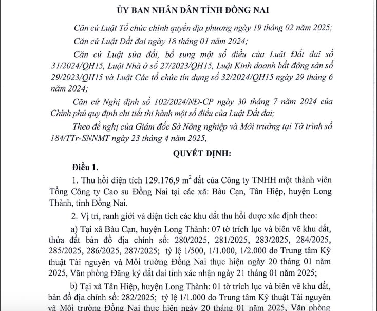 Tỉnh Đồng Nai vừa ban hành quyết định thu hồi hơn 129.000m2 đất của Công ty TNHH MTV Tổng công ty Cao su Đồng Nai Tỉnh Đồng Nai vừa ban hành quyết định thu hồi hơn 129.000m2 đất của Công ty TNHH MTV Tổng công ty Cao su Đồng Nai
