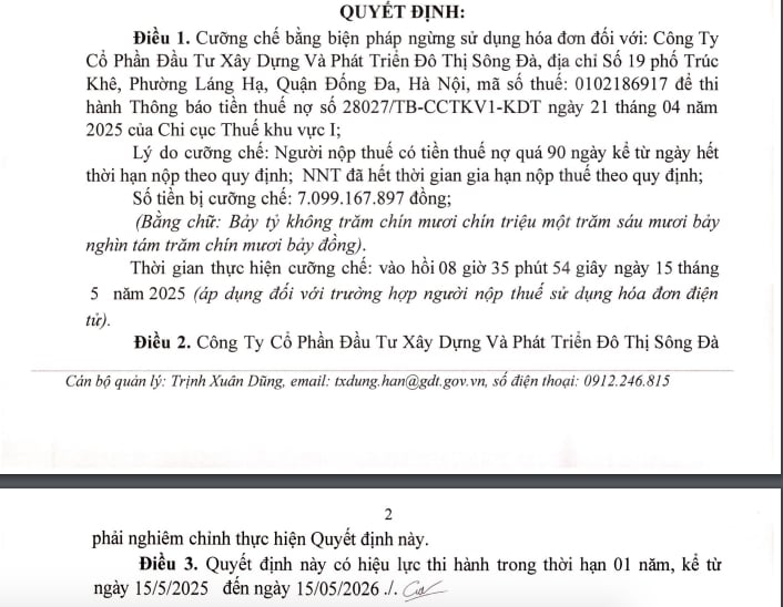 Quyết định cưỡng chế đối với CTCP Đầu tư xây dựng và Phát triển đô thị Sông Đà Quyết định cưỡng chế đối với CTCP Đầu tư xây dựng và Phát triển đô thị Sông Đà