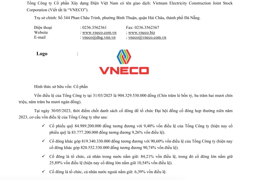 Tổng công ty cổ phần Xây dựng điện Việt Nam có vốn điều lệ gần 904,33 tỷ đồng Tổng công ty cổ phần Xây dựng điện Việt Nam có vốn điều lệ gần 904,33 tỷ đồng