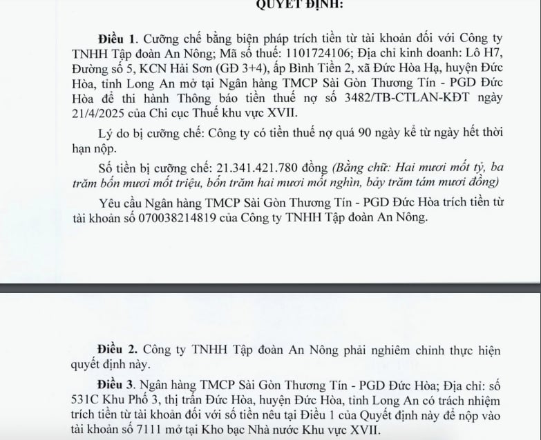 Công ty TNHH Tập đoàn An Nông có số tiền thuế nợ quá 90 ngày hơn 21,34 tỷ đồng Công ty TNHH Tập đoàn An Nông có số tiền thuế nợ quá 90 ngày hơn 21,34 tỷ đồng