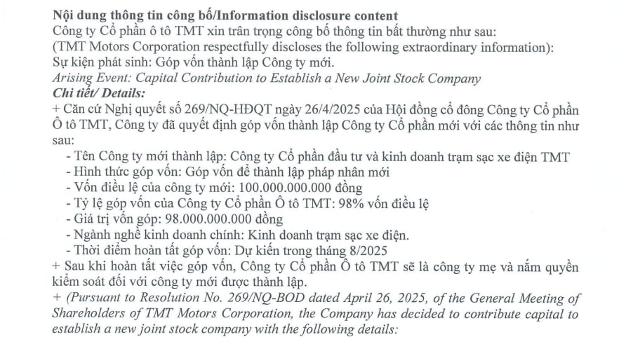 TMT Motors thành lập Công ty cổ phần Đầu tư và kinh doanh trạm sạc TMT TMT Motors thành lập Công ty cổ phần Đầu tư và kinh doanh trạm sạc TMT 