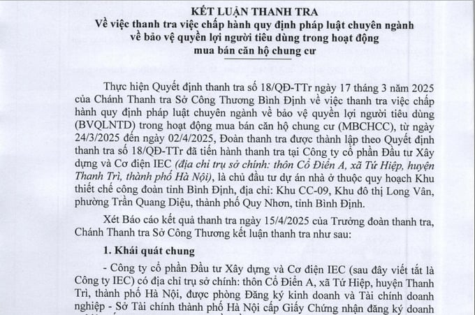 Kết luận thanh tra việc chấp hành quy định pháp luật chuyên ngành về bảo vệ quyền lợi người tiêu dùng trong hoạt động mua bán căn hộ chung cư tại Bình Định. Kết luận thanh tra việc chấp hành quy định pháp luật chuyên ngành về bảo vệ quyền lợi người tiêu dùng trong hoạt động mua bán căn hộ chung cư tại Bình Định.