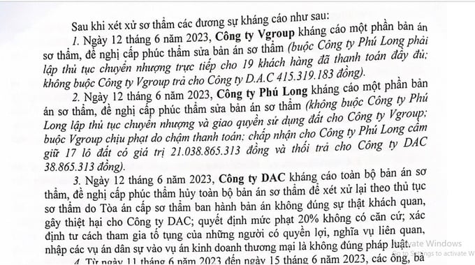 3 Công ty đều kháng cáo bản án sơ thẩm. Công ty Phú Long không đồng ý ra sổ đỏ cho Công ty VGROUP; Công ty DAC kháng cáo hủy toàn bộ bản án sơ thẩm 3 Công ty đều kháng cáo bản án sơ thẩm. Công ty Phú Long không đồng ý ra sổ đỏ cho Công ty VGROUP; Công ty DAC kháng cáo hủy toàn bộ bản án sơ thẩm