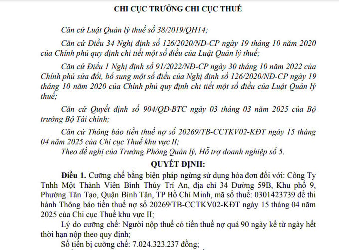 Công ty Bình Thủy Trí An vừa bị cưỡng chế thuế và tạm ngừng sử dụng hóa đơn vì nợ thuế quá hạn, với số tiền hơn 7 tỷ đồng. Công ty Bình Thủy Trí An vừa bị cưỡng chế thuế và tạm ngừng sử dụng hóa đơn vì nợ thuế quá hạn, với số tiền hơn 7 tỷ đồng.