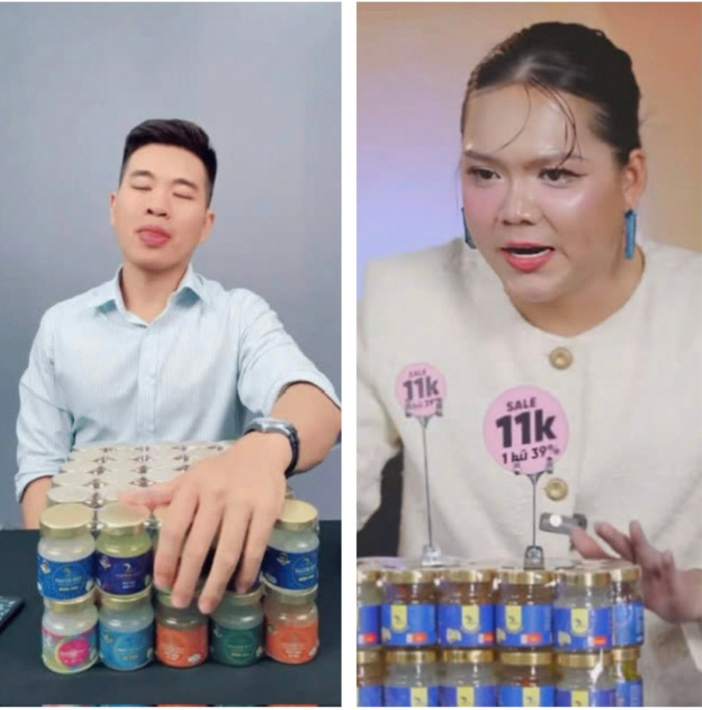 Lê Anh Nuôi và Phạm Thoại trong livestream bán yến chưng. Ảnh chụp màn hình. Lê Anh Nuôi và Phạm Thoại trong livestream bán yến chưng. Ảnh chụp màn hình.