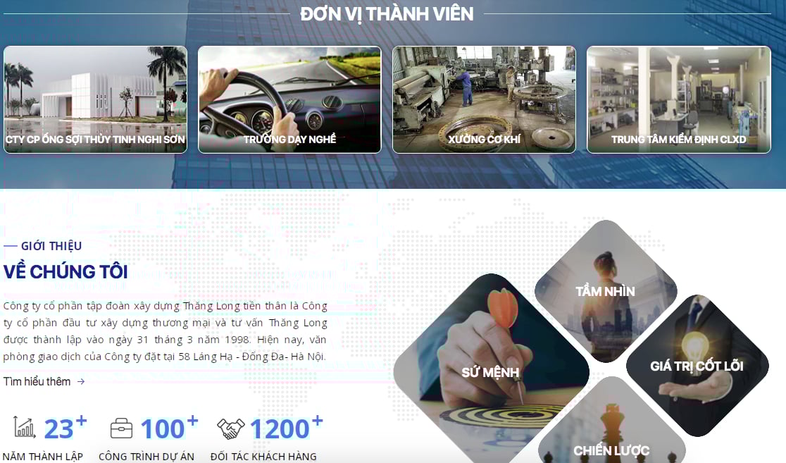 Công ty cổ phần Tập đoàn xây dựng Thăng Long tiền thân là Công ty cổ phần Đầu tư xây dựng thương mại và tư vấn Thăng Long được thành lập vào năm 1998 Công ty cổ phần Tập đoàn xây dựng Thăng Long tiền thân là Công ty cổ phần Đầu tư xây dựng thương mại và tư vấn Thăng Long được thành lập vào năm 1998