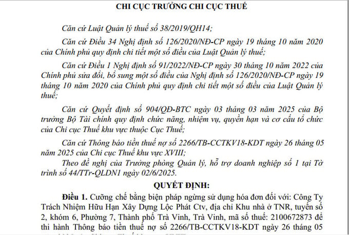 Công ty TNHH Xây dựng Lộc Phát CTV vừa bị Chi cục Thuế khu vực XVIII (Trà Vinh) cưỡng chế thuế ngừng sử dụng hóa đơn do nợ thuế vượt quá 90 ngày. Công ty TNHH Xây dựng Lộc Phát CTV vừa bị Chi cục Thuế khu vực XVIII (Trà Vinh) cưỡng chế thuế ngừng sử dụng hóa đơn do nợ thuế vượt quá 90 ngày.