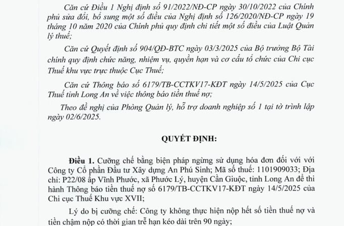 Chủ đầu tư dự án An Phú Sinh bị cưỡng chế ngừng sử dụng hoá đơn do nợ thuế 130 tỷ đồng. Chủ đầu tư dự án An Phú Sinh bị cưỡng chế ngừng sử dụng hoá đơn do nợ thuế 130 tỷ đồng.