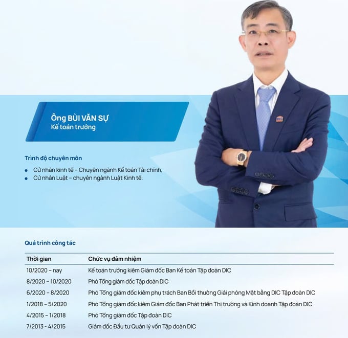 Ông Bùi Văn Sự - Kế toán trưởng Tổng công ty cổ phần Đầu tư Phát triển Xây dựng (DIC Corp, mã DIG - sàn HoSE) từ nhiệm vị trí thành viên Hội đồng quản trị sau hai tháng được bổ nhiệm. Ông Bùi Văn Sự - Kế toán trưởng Tổng công ty cổ phần Đầu tư Phát triển Xây dựng (DIC Corp, mã DIG - sàn HoSE) từ nhiệm vị trí thành viên Hội đồng quản trị sau hai tháng được bổ nhiệm.