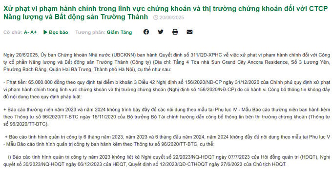 Công ty Trường Thành bị phạt 240 triệu đồng vì vi phạm công bố thông tin. Công ty Trường Thành bị phạt 240 triệu đồng vì vi phạm công bố thông tin.