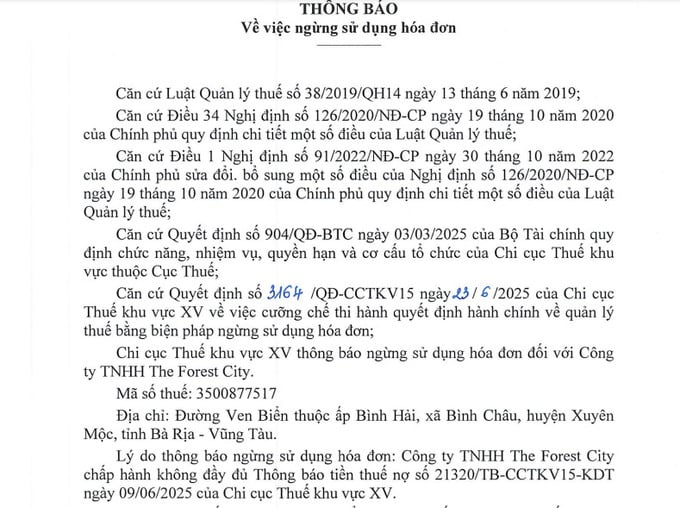 Công ty The Rorest City bị cưỡng chế ngừng sử dụng hóa đơn do nợ thuế hơn 130 tỷ đồng. Công ty The Rorest City bị cưỡng chế ngừng sử dụng hóa đơn do nợ thuế hơn 130 tỷ đồng.