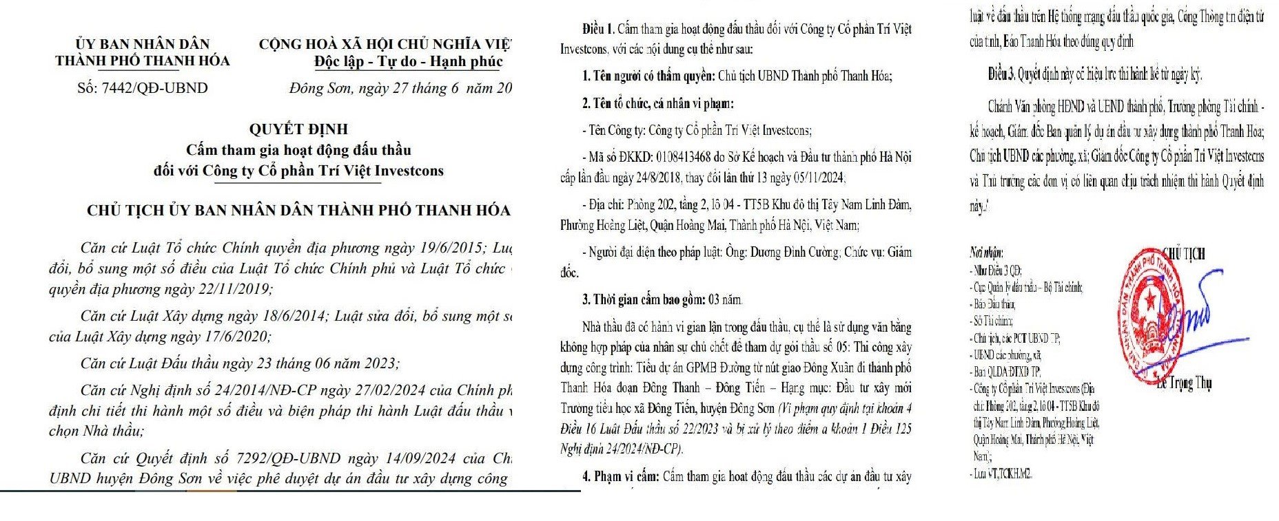 Thanh Hóa chính thức cấm Trí Việt Investcons tham gia hoạt động đấu thầu trong thời hạn 03 năm. Thanh Hóa chính thức cấm Trí Việt Investcons tham gia hoạt động đấu thầu trong thời hạn 03 năm.