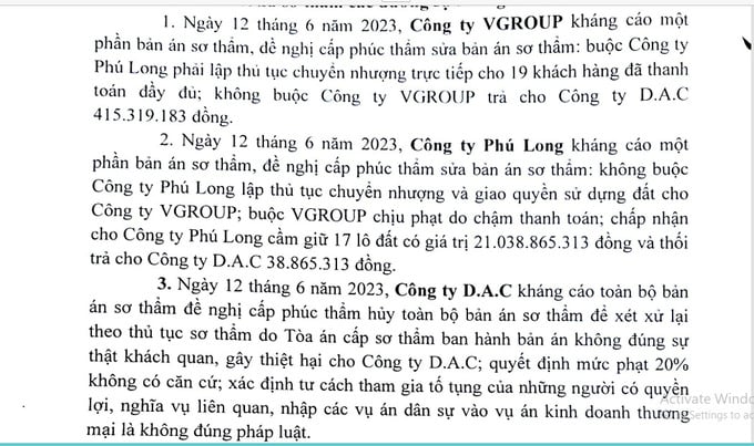 Sau khi xét xử sơ thẩm, Công ty VGROUP, Công ty TNHH Phú Long, Công ty DAC đều kháng cáo Sau khi xét xử sơ thẩm, Công ty VGROUP, Công ty TNHH Phú Long, Công ty DAC đều kháng cáo