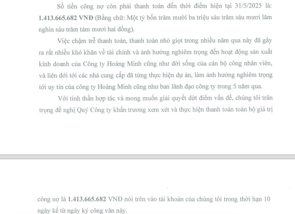 Công ty ACE 6 Việt Nam đã xác nhận còn nợ Công ty Hoàng Minh số tiền hơn 1,4 tỷ đồng Công ty ACE 6 Việt Nam đã xác nhận còn nợ Công ty Hoàng Minh số tiền hơn 1,4 tỷ đồng 