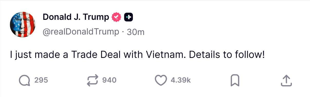 TT Trump: 'Mỹ sẽ cắt giảm đáng kể thuế đối ứng cho nhiều hàng hóa Việt Nam' - Ảnh 1 TT Trump: 'Mỹ sẽ cắt giảm đáng kể thuế đối ứng cho nhiều hàng hóa Việt Nam' - Ảnh 1