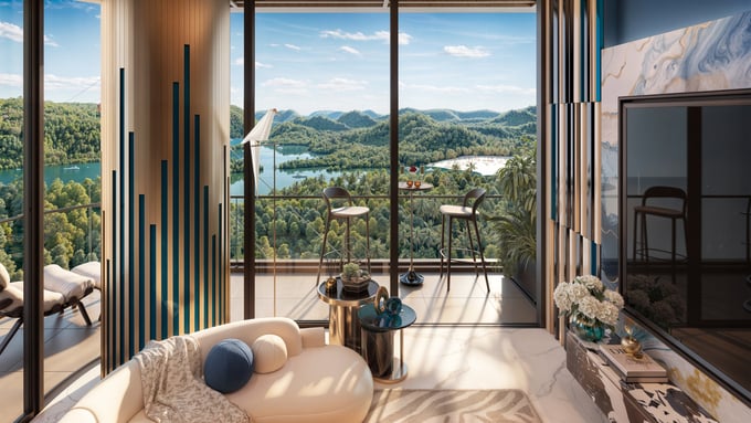 Khoảng ban công 1,2m được thiết kế như một góc chill lý tưởng giữa tầng không (Ảnh: Sun Property). Khoảng ban công 1,2m được thiết kế như một "góc chill" lý tưởng giữa tầng không (Ảnh: Sun Property).