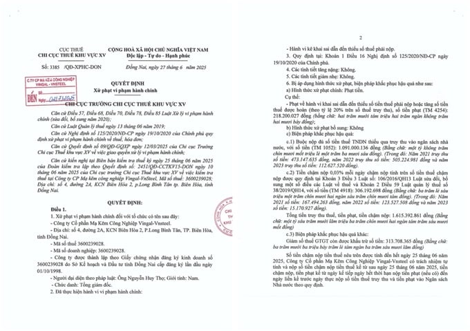 Chi cục Thuế khu vực XV ban hành quyết định xử phạt vi phạm hành chính về thuế đối với Công ty Cổ phần Mạ Kẽm Công Nghiệp Vingal - Vnsteel. Chi cục Thuế khu vực XV ban hành quyết định xử phạt vi phạm hành chính về thuế đối với Công ty Cổ phần Mạ Kẽm Công Nghiệp Vingal - Vnsteel. 
