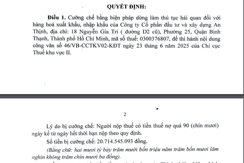 Quyết định cưỡng chế thuế đối với Công ty cổ phần Đầu tư và xây dựng An Thịnh. Quyết định cưỡng chế thuế đối với Công ty cổ phần Đầu tư và xây dựng An Thịnh.