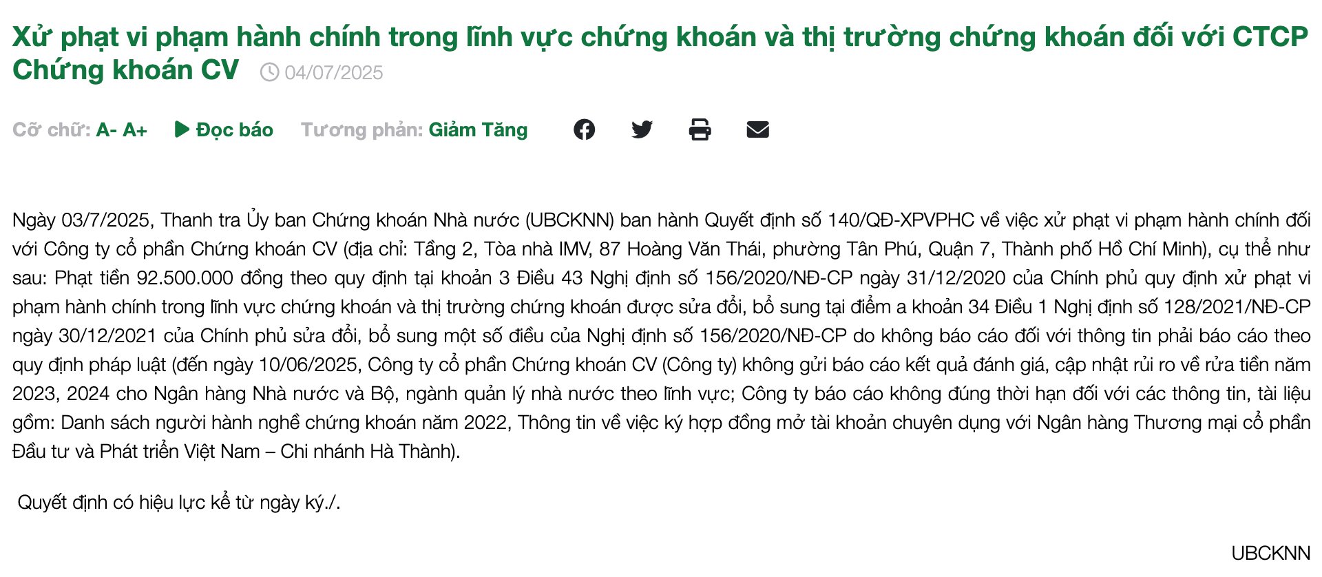 Nội dung quyết định xử phạt của UBCKNN. Nội dung quyết định xử phạt của UBCKNN.