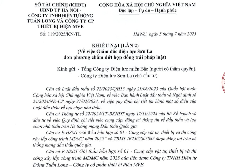 Liên danh Tuấn Long – MVE tiếp tục có văn bản khiếu nại (lần 2) gửi tới Tổng công ty Điện lực miền Bắc và Công ty Điện lực Sơn La. Liên danh Tuấn Long – MVE tiếp tục có văn bản khiếu nại (lần 2) gửi tới Tổng công ty Điện lực miền Bắc và Công ty Điện lực Sơn La. 