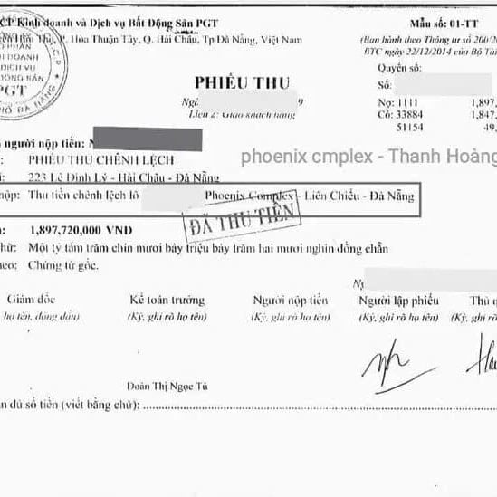 Phiếu thu tiền chênh lệch của một khách hàng mua đất tại Dự án Khu dân cư Thanh Hoàng Phiếu thu tiền chênh lệch của một khách hàng mua đất tại Dự án Khu dân cư Thanh Hoàng