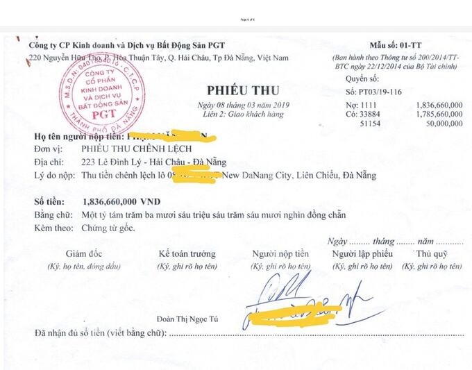 Phiếu thu tiền chênh lệch của một khách hàng mua đất dự án New Danang City Phiếu thu tiền chênh lệch của một khách hàng mua đất dự án New Danang City