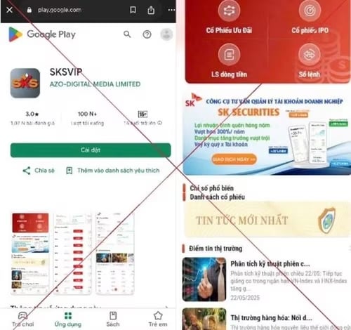 Ứng dụng SKSVIP được thiết kế tinh vi, khiến người dùng tưởng đang giao dịch chứng khoán thật. Ảnh: Công an Hà Nội Ứng dụng SKSVIP được thiết kế tinh vi, khiến người dùng tưởng đang giao dịch chứng khoán thật. Ảnh: Công an Hà Nội