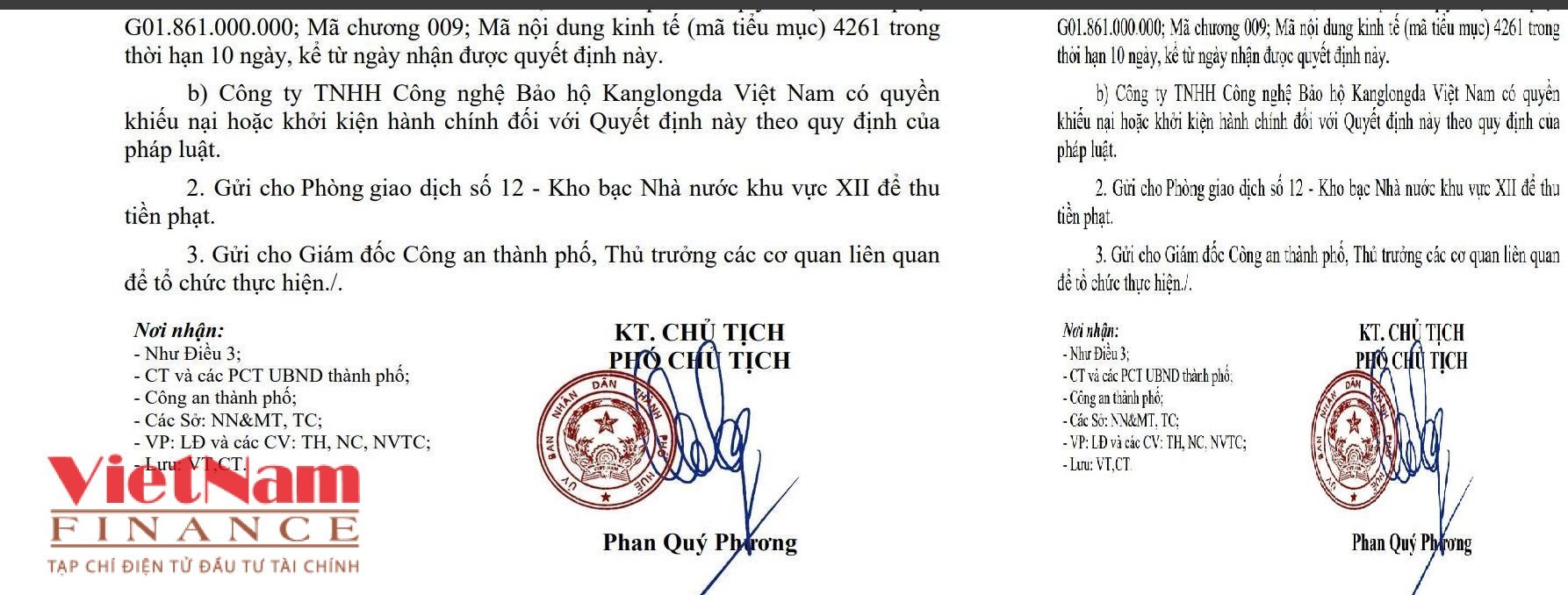 Quyết định xử phạt của UBND TP. Huế đối với Công ty TNHH Công nghệ Bảo hộ Kanglongda Việt Nam. Quyết định xử phạt của UBND TP. Huế đối với Công ty TNHH Công nghệ Bảo hộ Kanglongda Việt Nam.