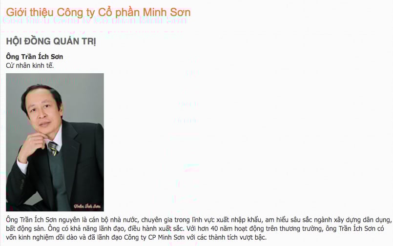 Ông Trần Ích Sơn, Chủ tịch HĐQT Công ty Cổ phần Minh Sơn. Ông Trần Ích Sơn, Chủ tịch HĐQT Công ty Cổ phần Minh Sơn.